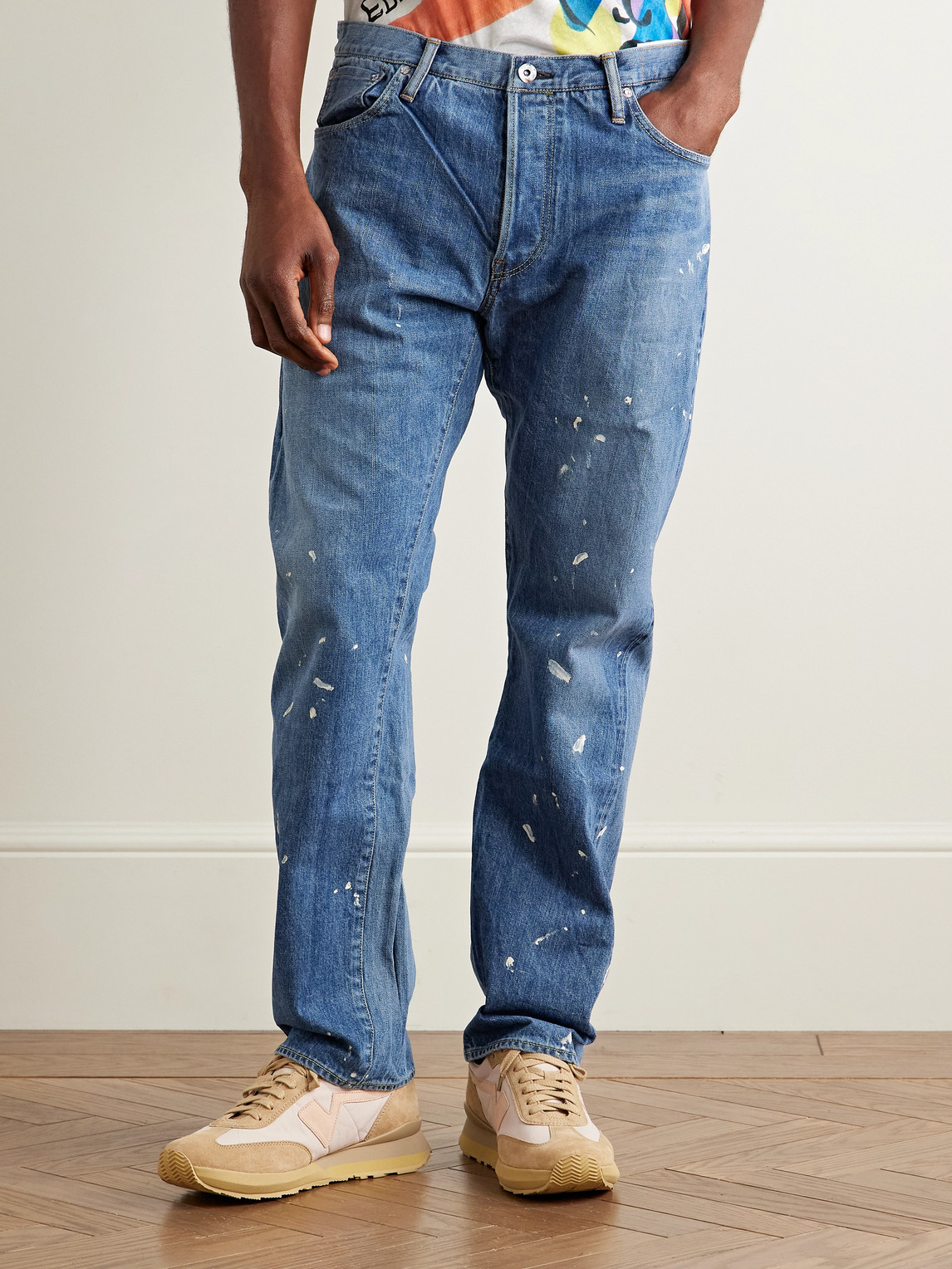 Visvim Social Sculpture 11 Slim-fit Straight-leg Paint-splattered Jeans In Blue
