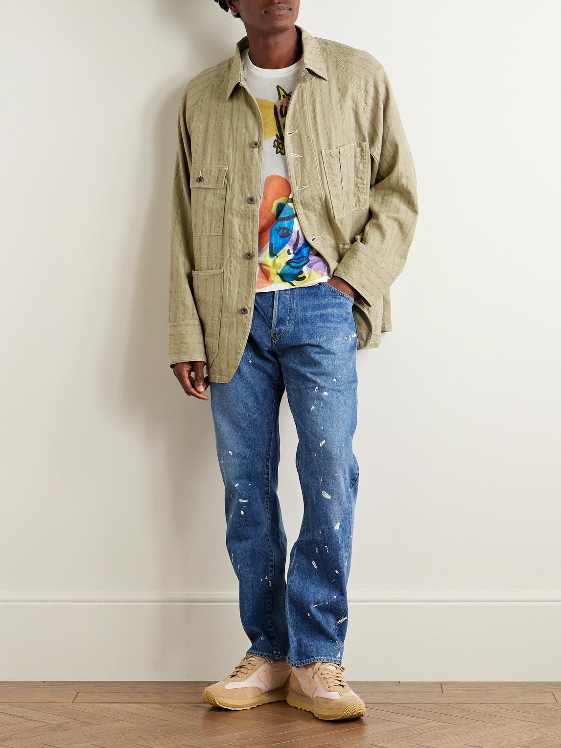 Visvim Social Sculpture 11 Slim-fit Straight-leg Paint-splattered Jeans In Blue