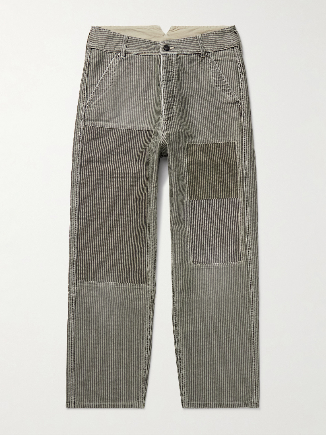 Visvim Pastoral Straight-leg Panelled Striped Cotton-moleskin Trousers In Green