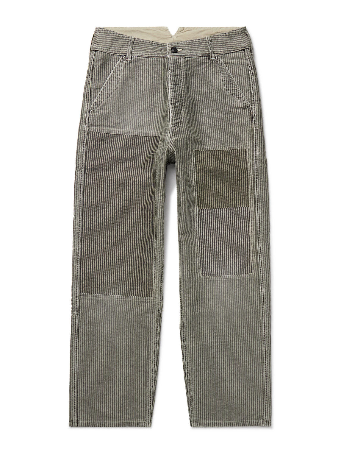 Visvim Pastoral Straight-leg Panelled Striped Cotton-moleskin Trousers In Green