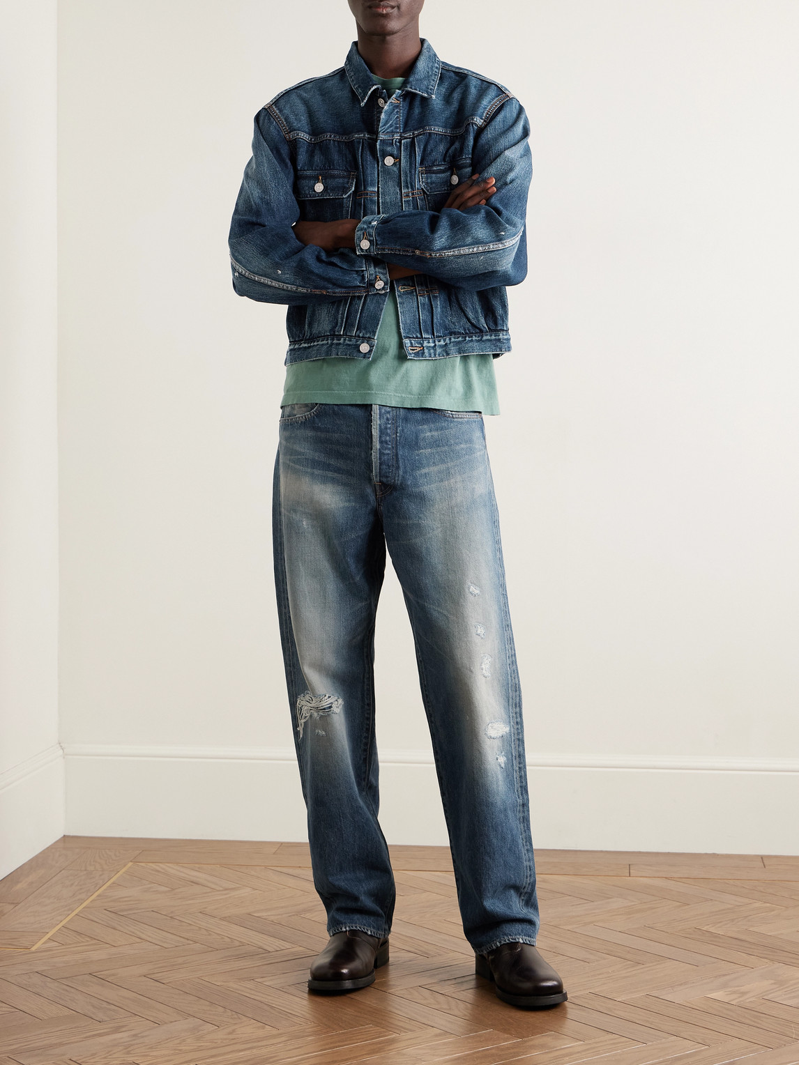 Social Sculpture 01 Wide-Leg Distressed Selvedge Jeans