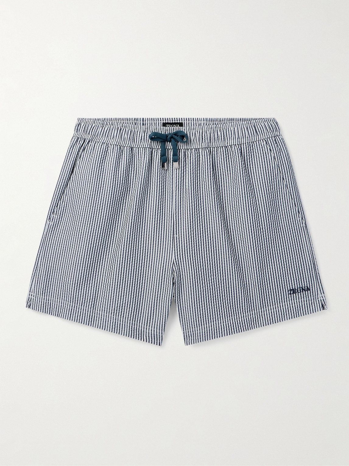 Zegna Straight-leg Mid-length Striped Seersucker Shorts In Blue