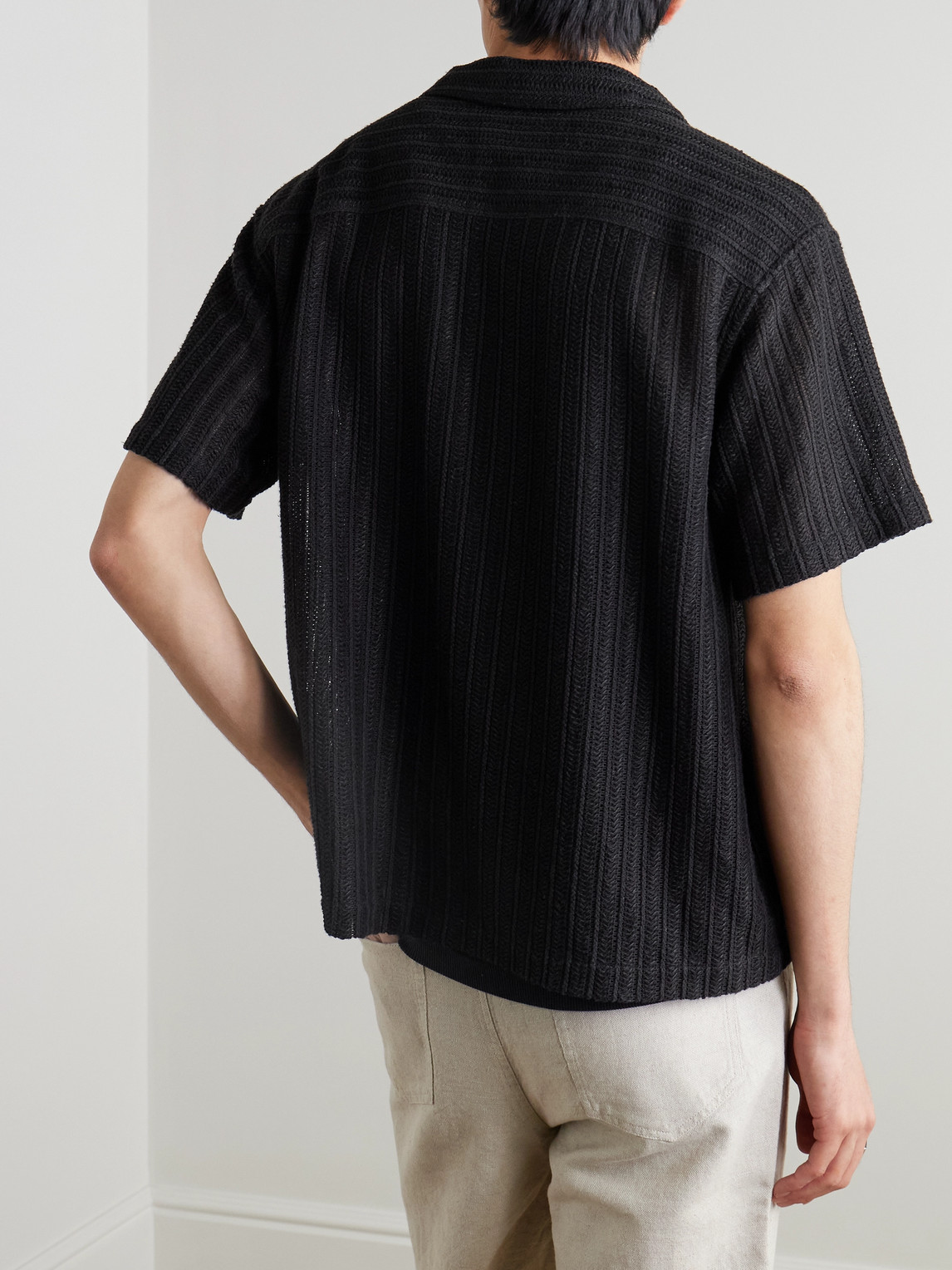 Frame Crocheted Regular Fit Short Sleeve Cuban Shirt In Black