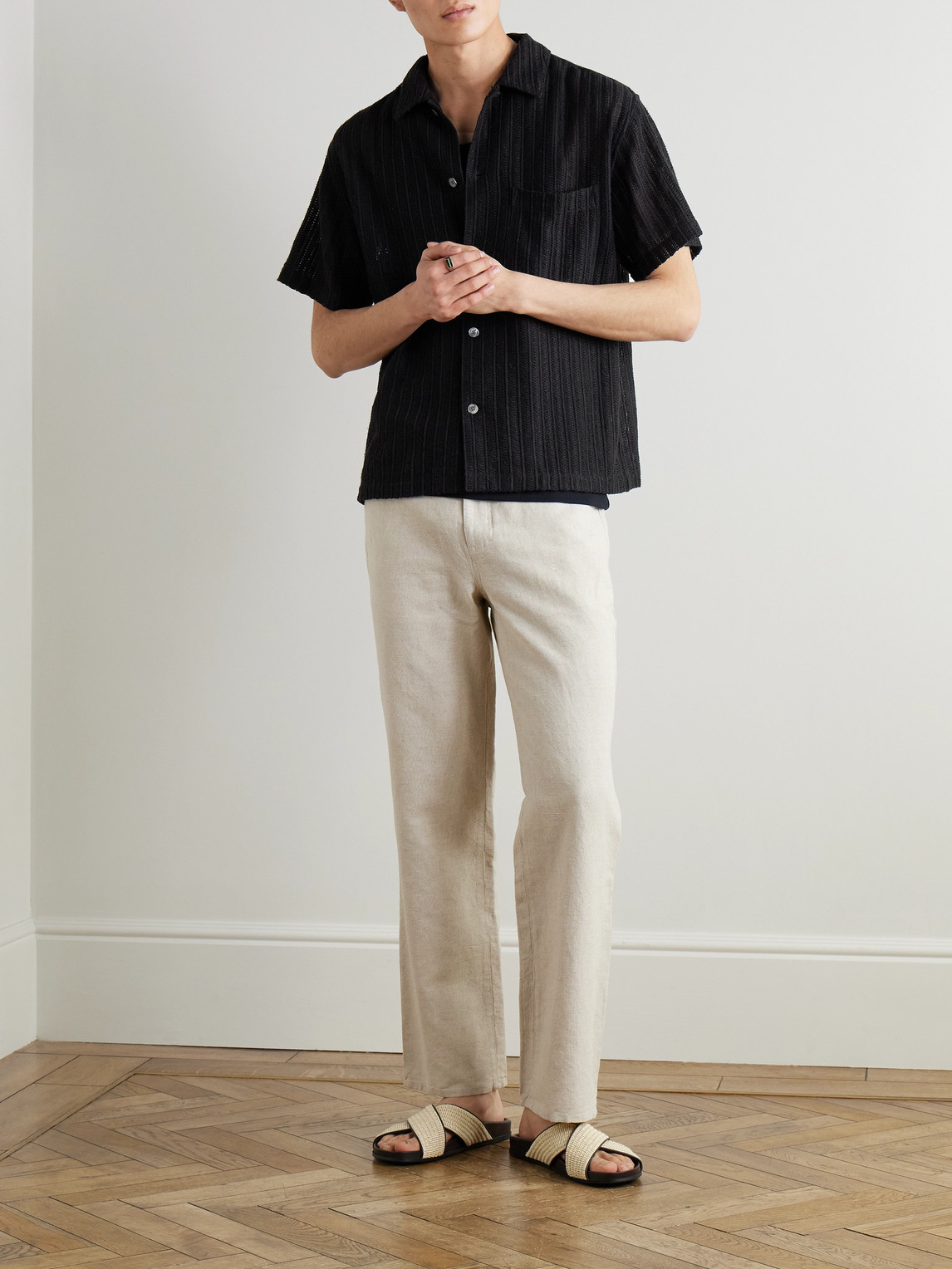 Frame Crocheted Regular Fit Short Sleeve Cuban Shirt In Black