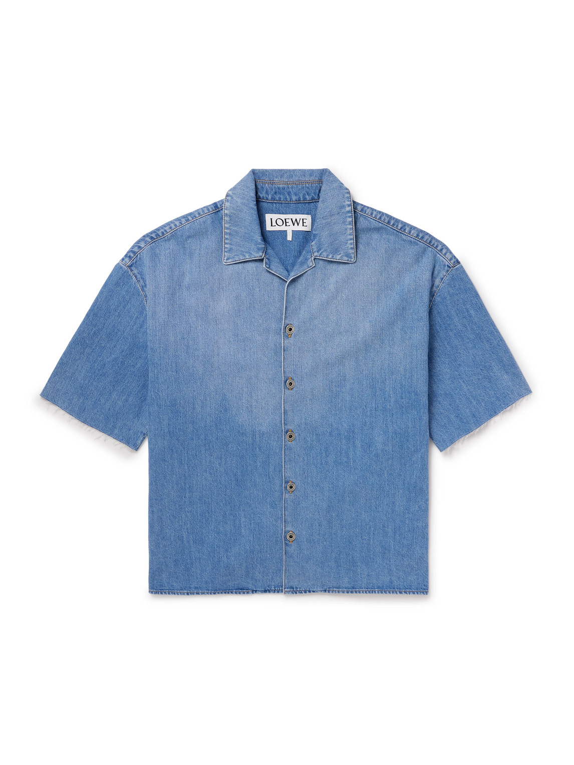 Loewe Camp-collar Cutout Frayed Denim Shirt In Blue