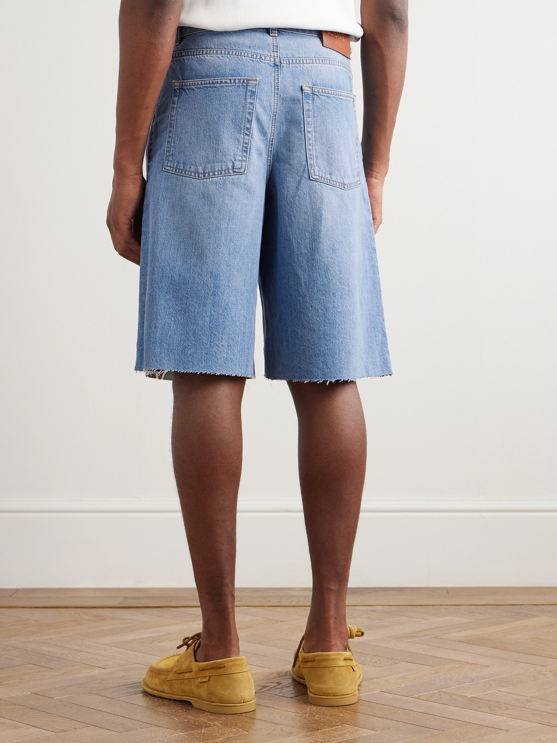 Loewe Anagram Frayed Denim Shorts In Blue