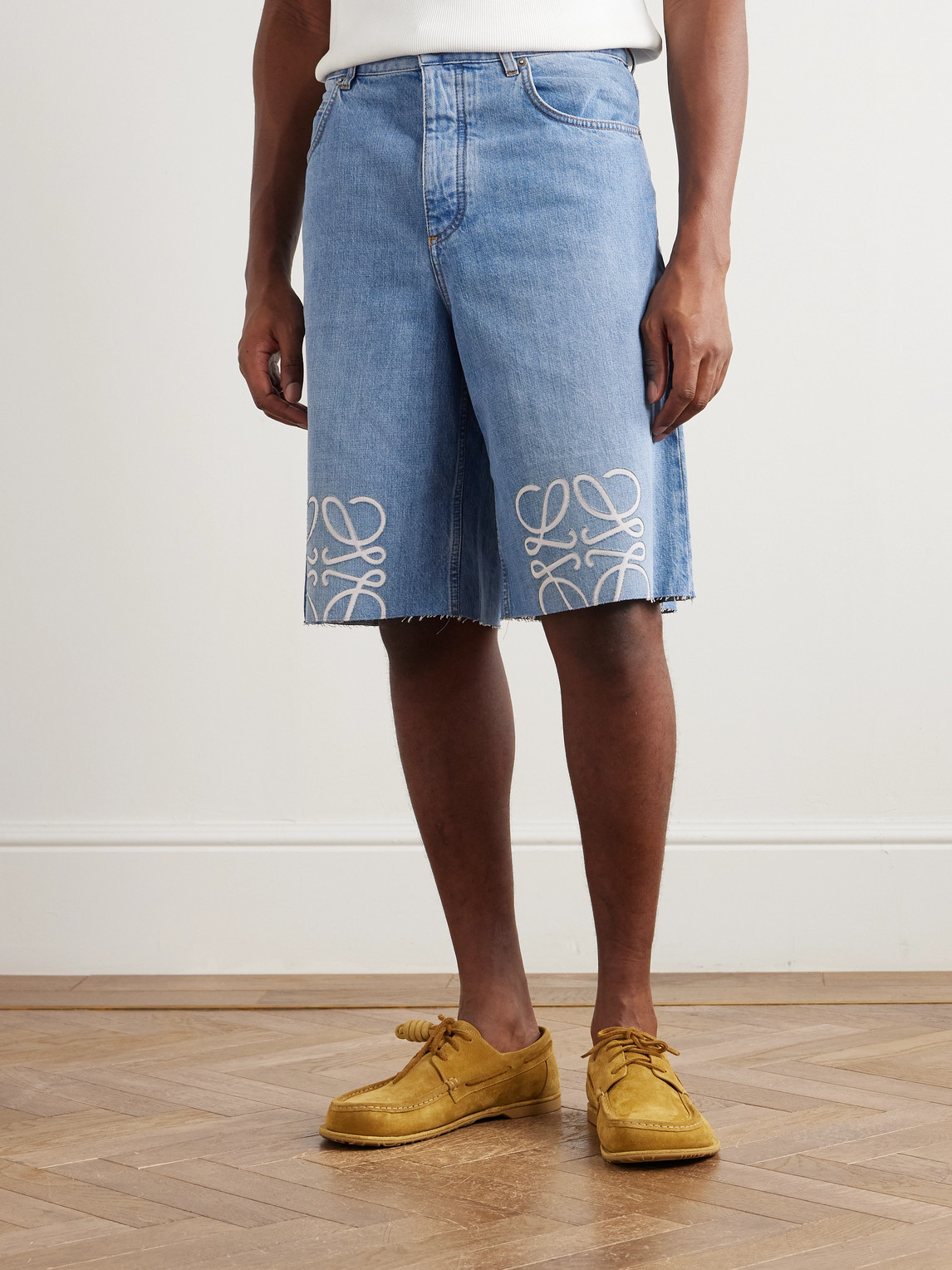 Loewe Anagram Frayed Denim Shorts In Blue