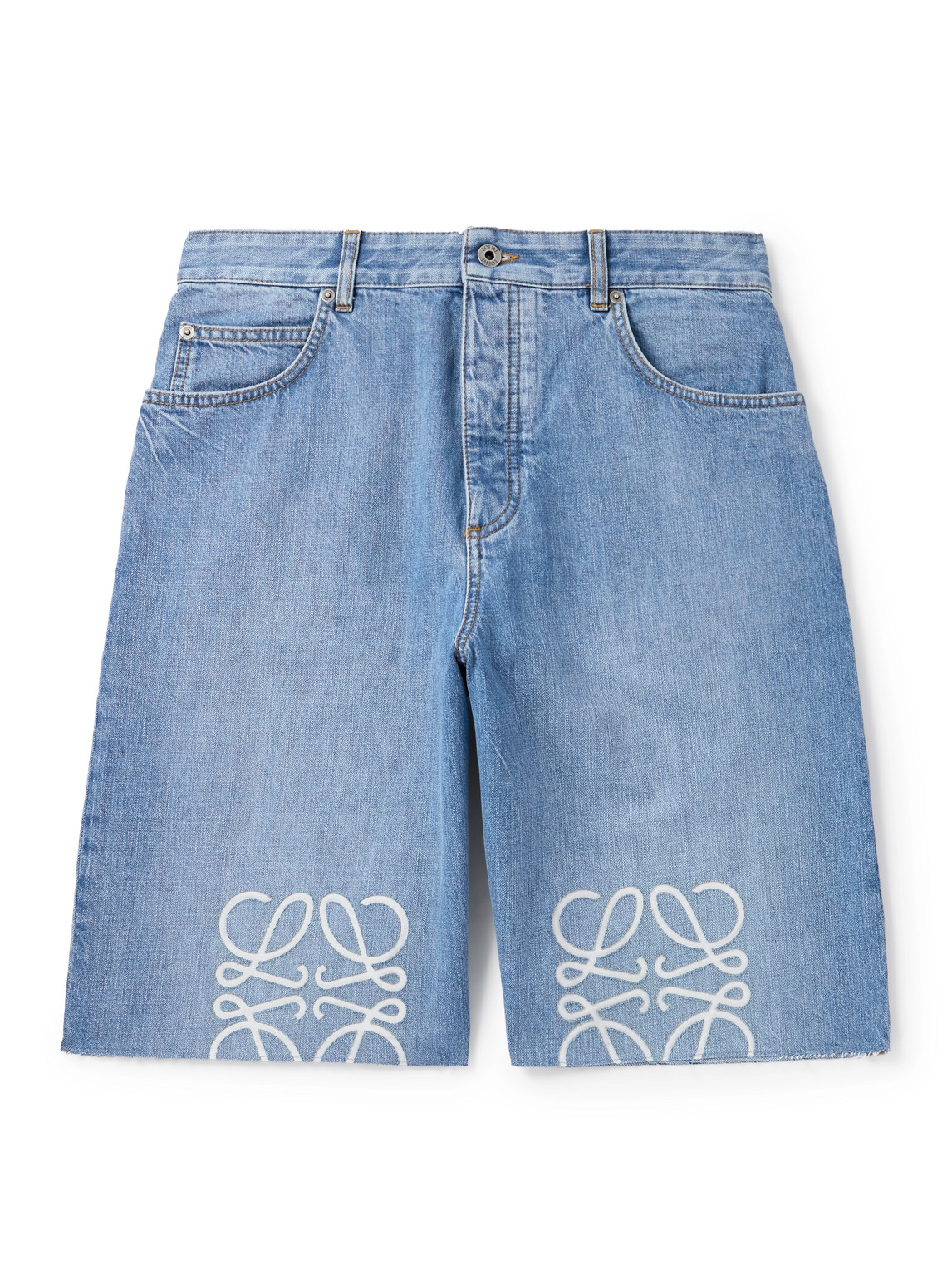 Loewe Anagram Frayed Denim Shorts In Blue