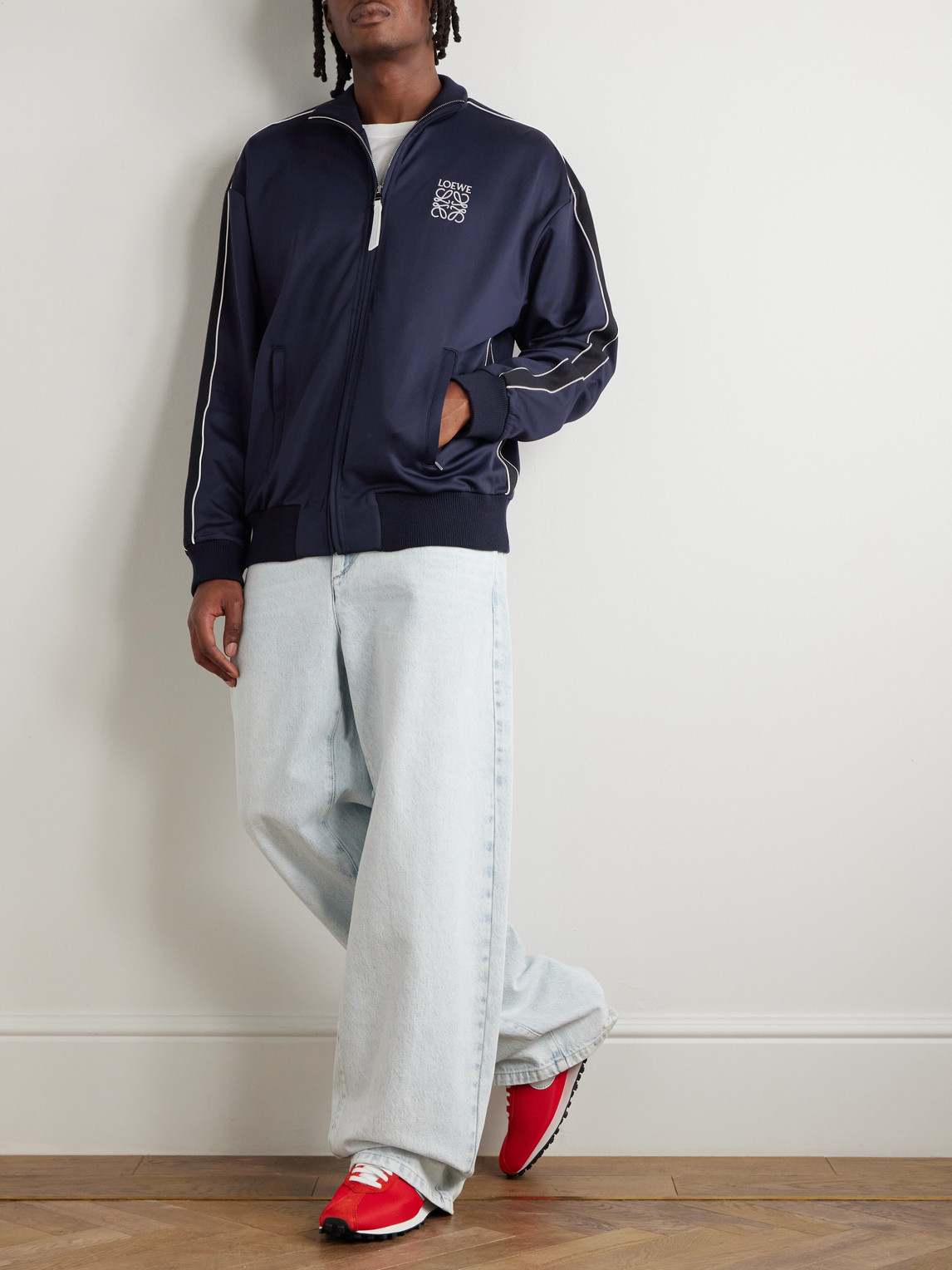 Loewe Twill-trimmed Logo-embroidered Tech-jersey Track Jacket In Blue