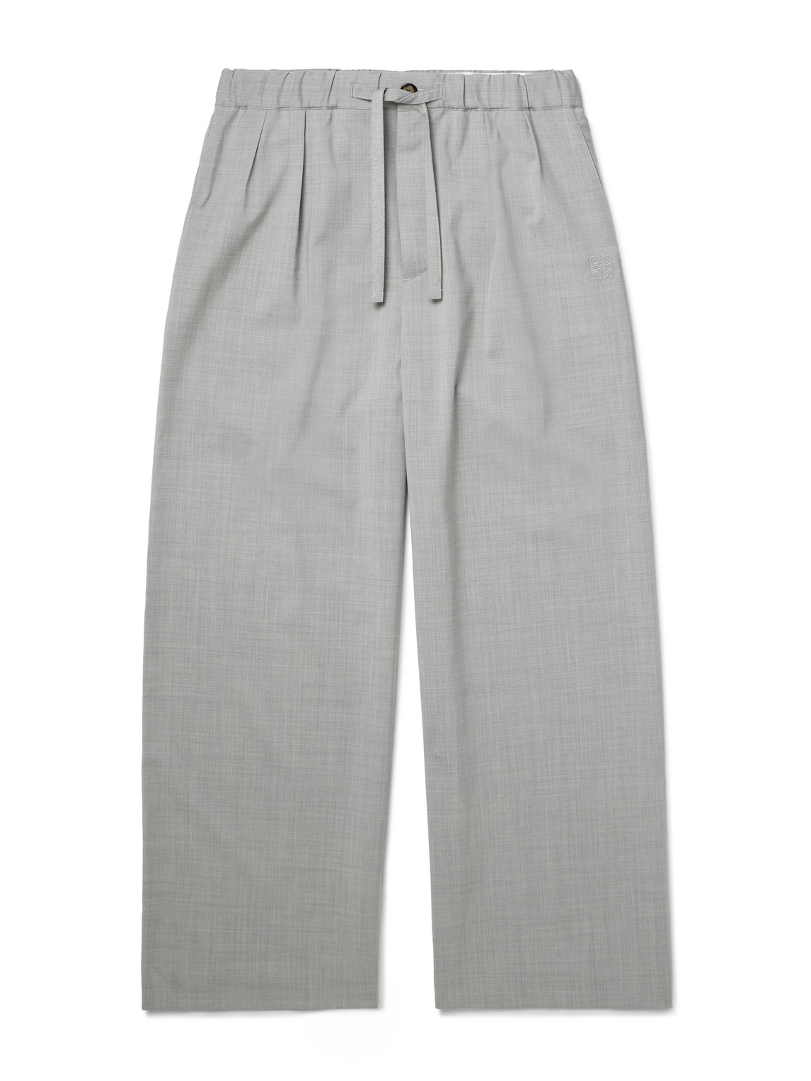 Loewe Wide-leg Logo-embroidered Pleated Wool Drawstring Trousers In Gray
