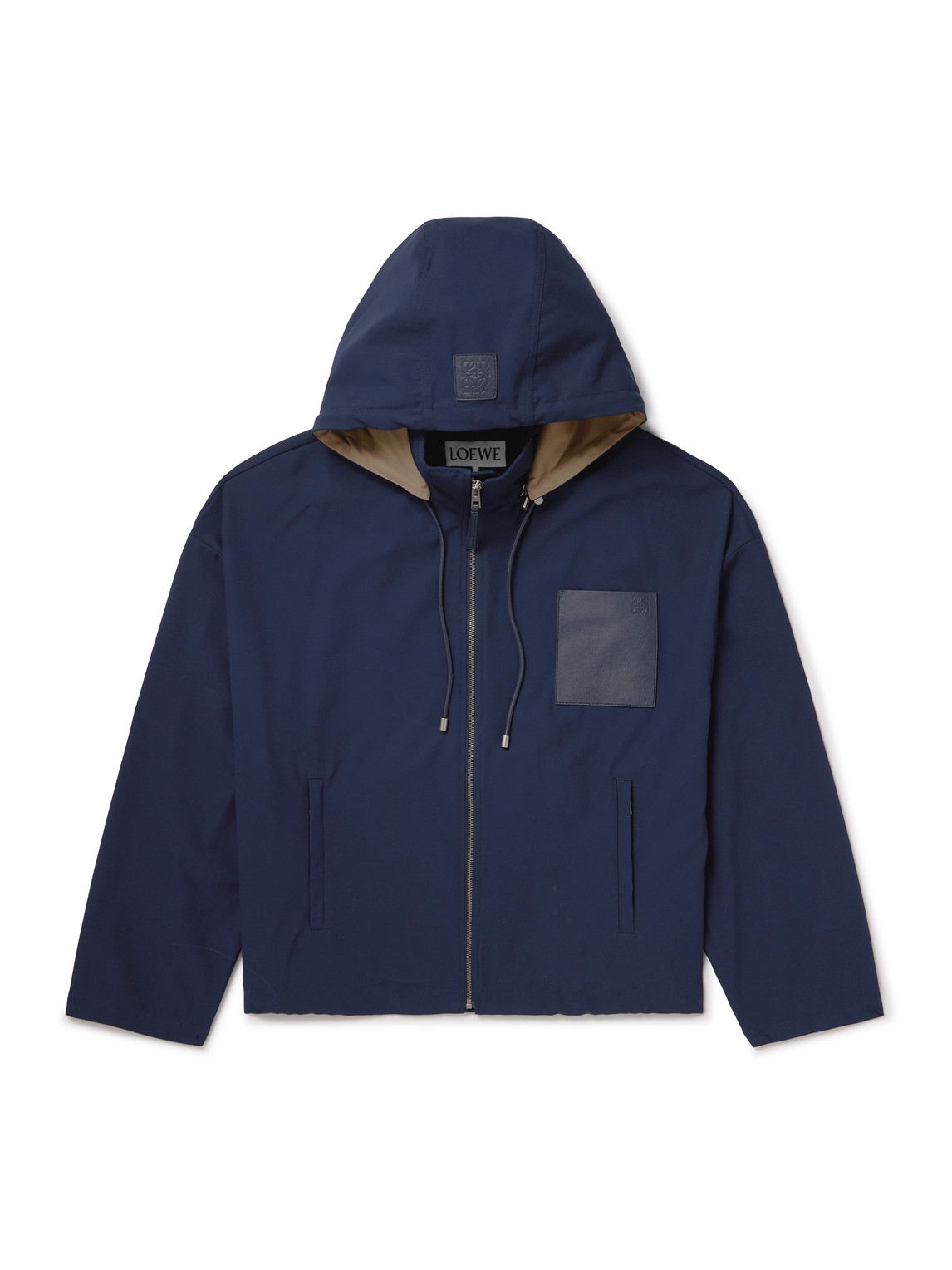 Logo-Debossed Leather-Trimmed Cotton-Twill Hooded Jacket