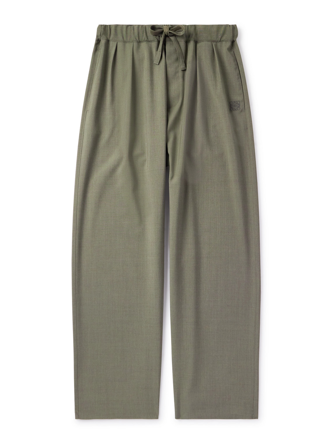 Loewe Wide-leg Logo-embroidered Pleated Wool Drawstring Trousers In Green