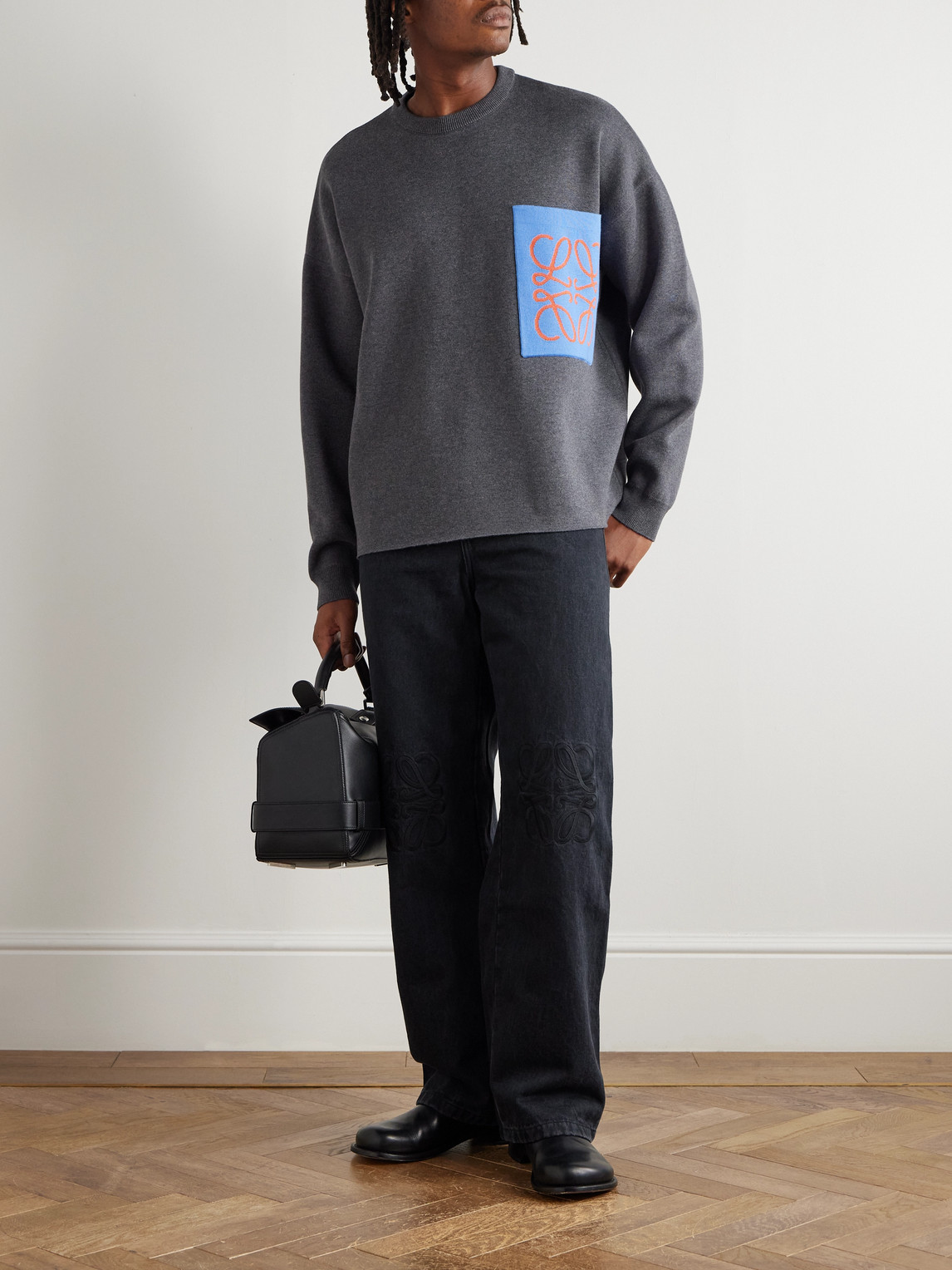 Loewe Anagram Cotton Blend Sweater With Pocket In Gray