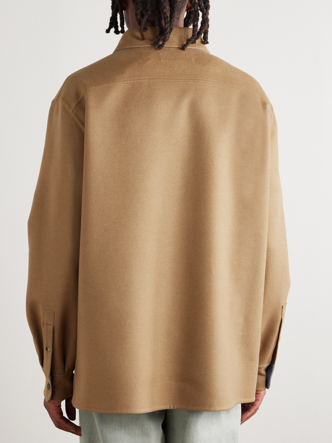 Loewe Logo-debossed Leather-trimmed Brushed Wool And Cashmere-blend Overshirt In Brown