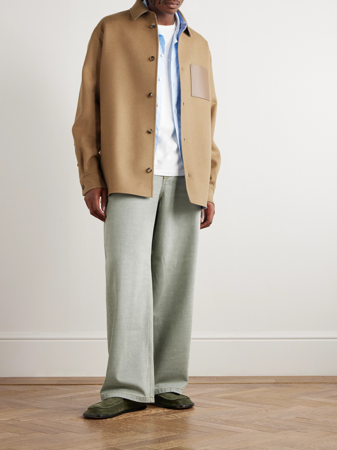 Loewe Logo-debossed Leather-trimmed Brushed Wool And Cashmere-blend Overshirt In Brown