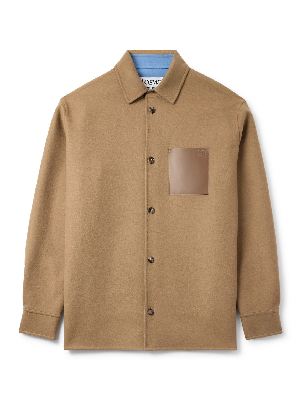 Loewe Logo-debossed Leather-trimmed Brushed Wool And Cashmere-blend Overshirt In Brown