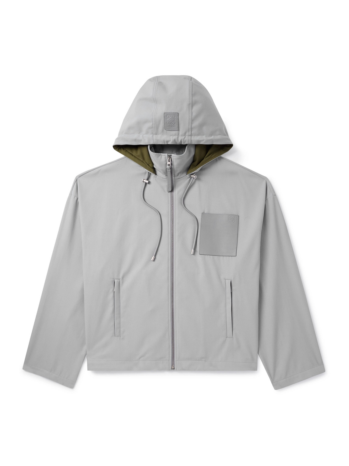Logo-Debossed Leather-Trimmed Cotton-Twill Hooded Jacket