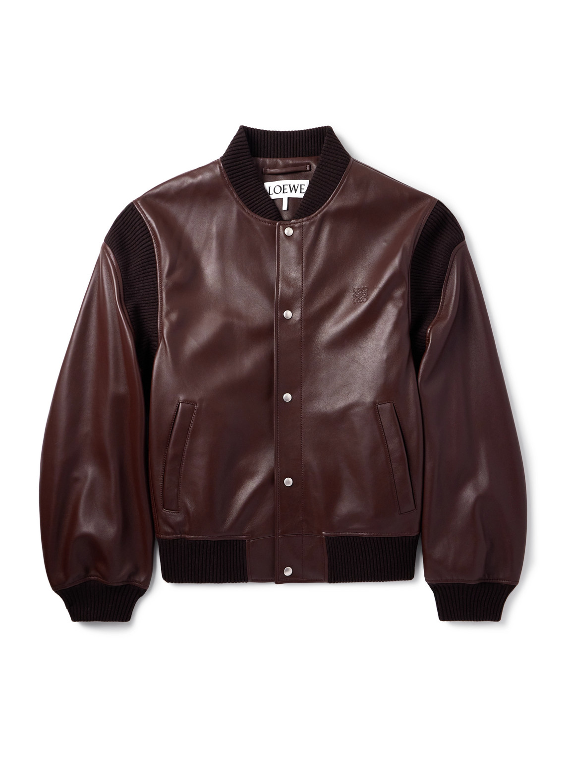 Logo-Debossed Ribbed-Knit Trimmed Leather Bomber Jacket