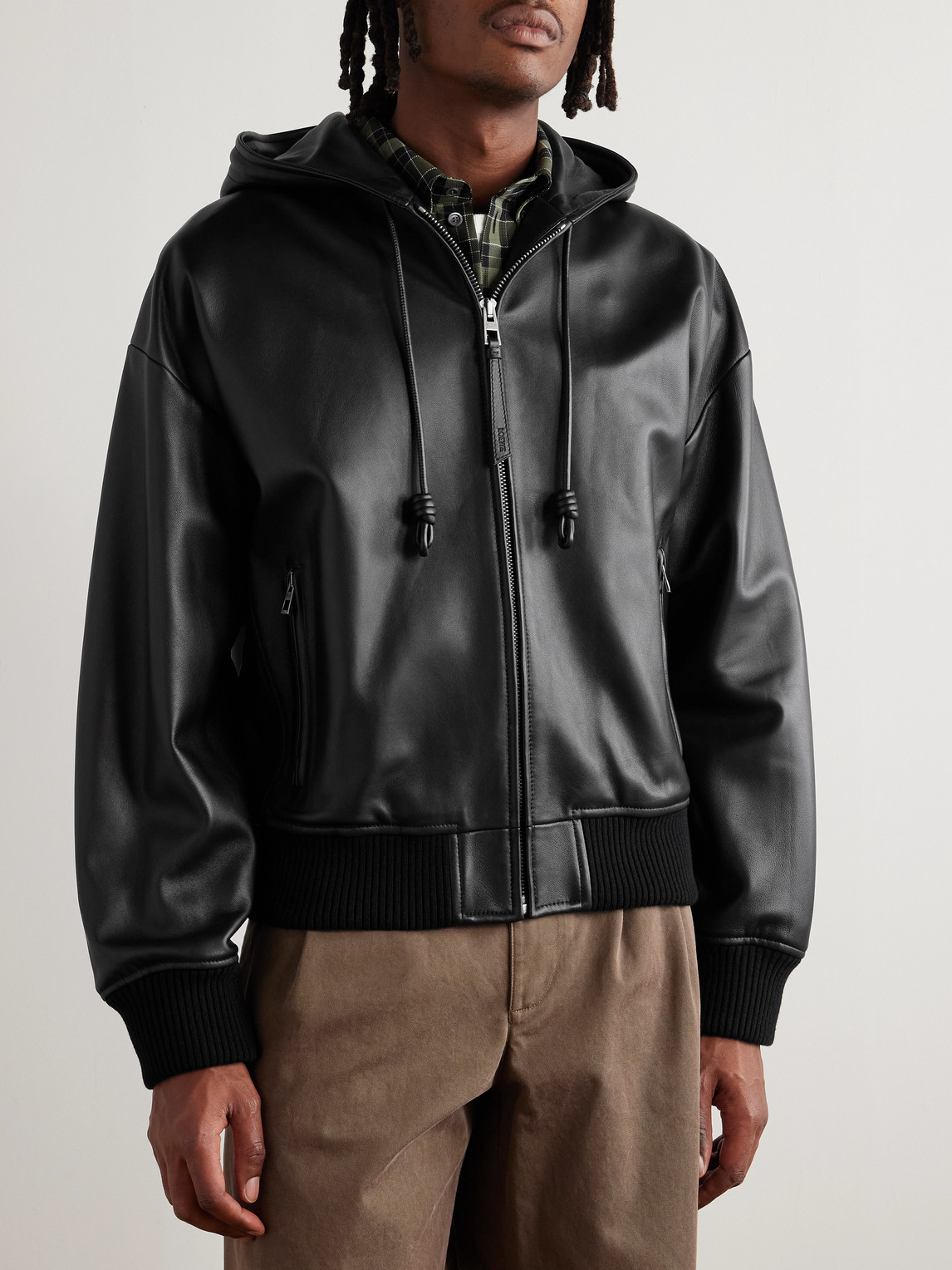 Loewe Leather Hooded Bomber Jacket In Black