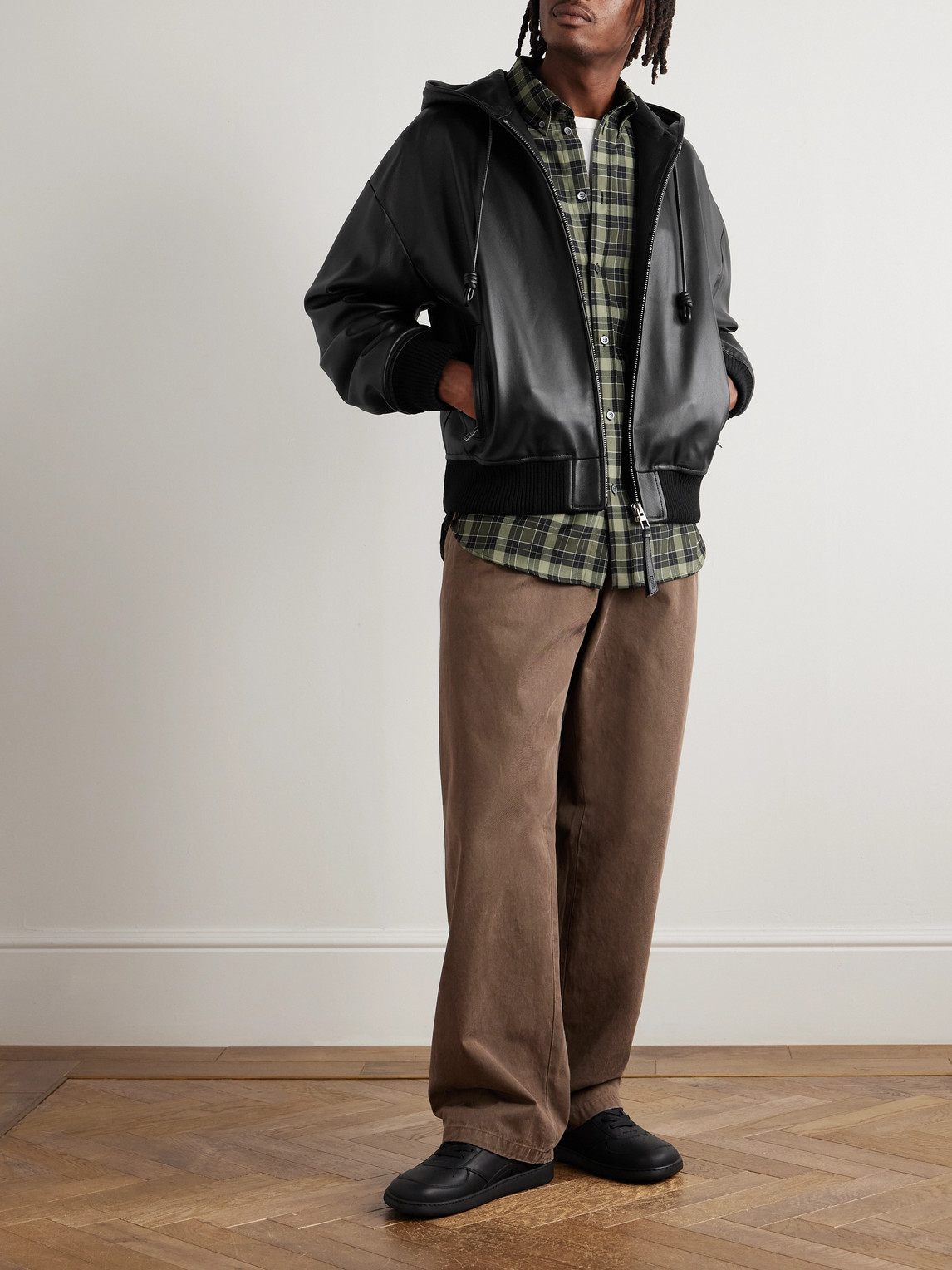 Loewe Leather Hooded Bomber Jacket In Black