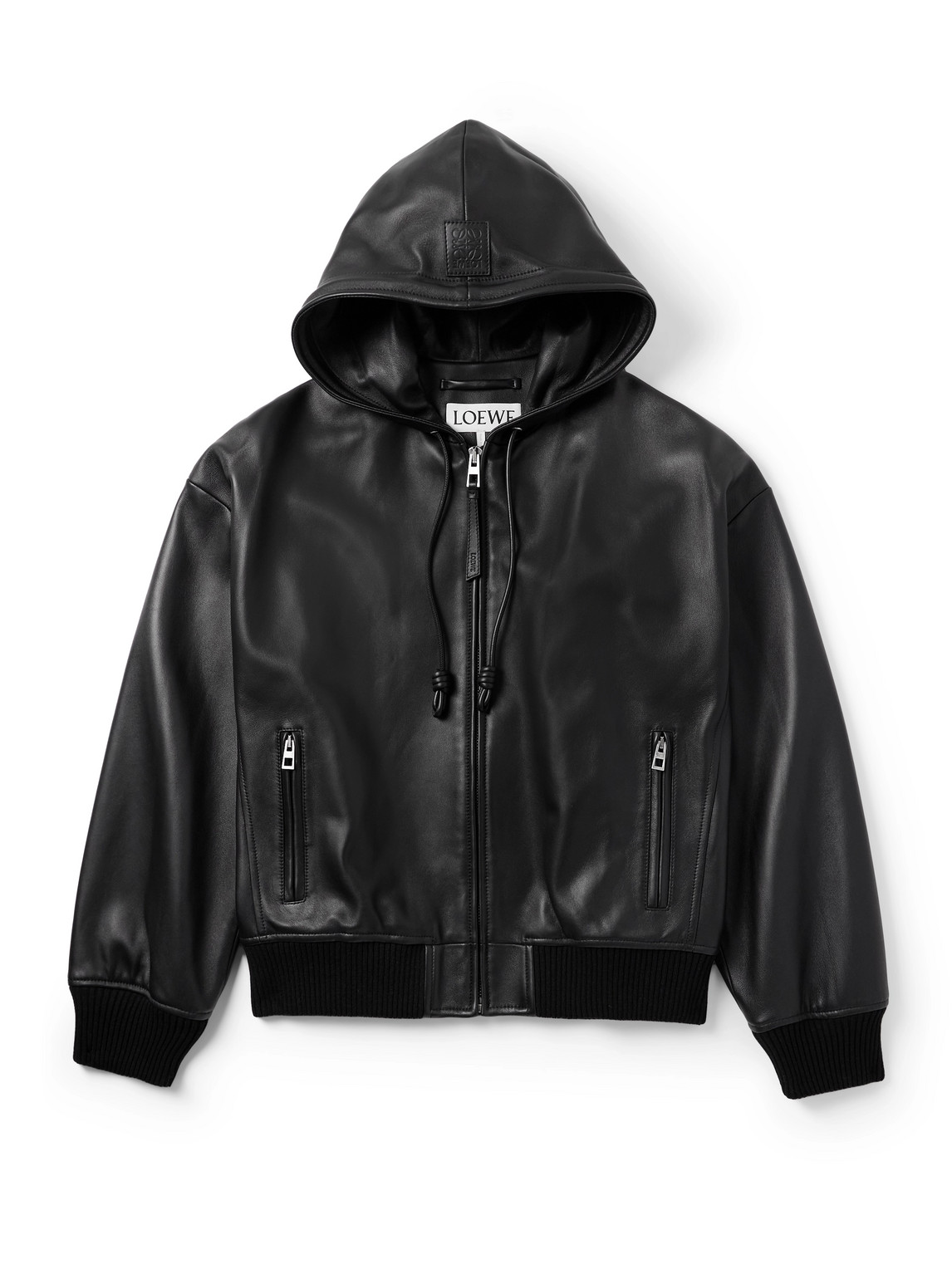 Loewe Leather Hooded Bomber Jacket In Black