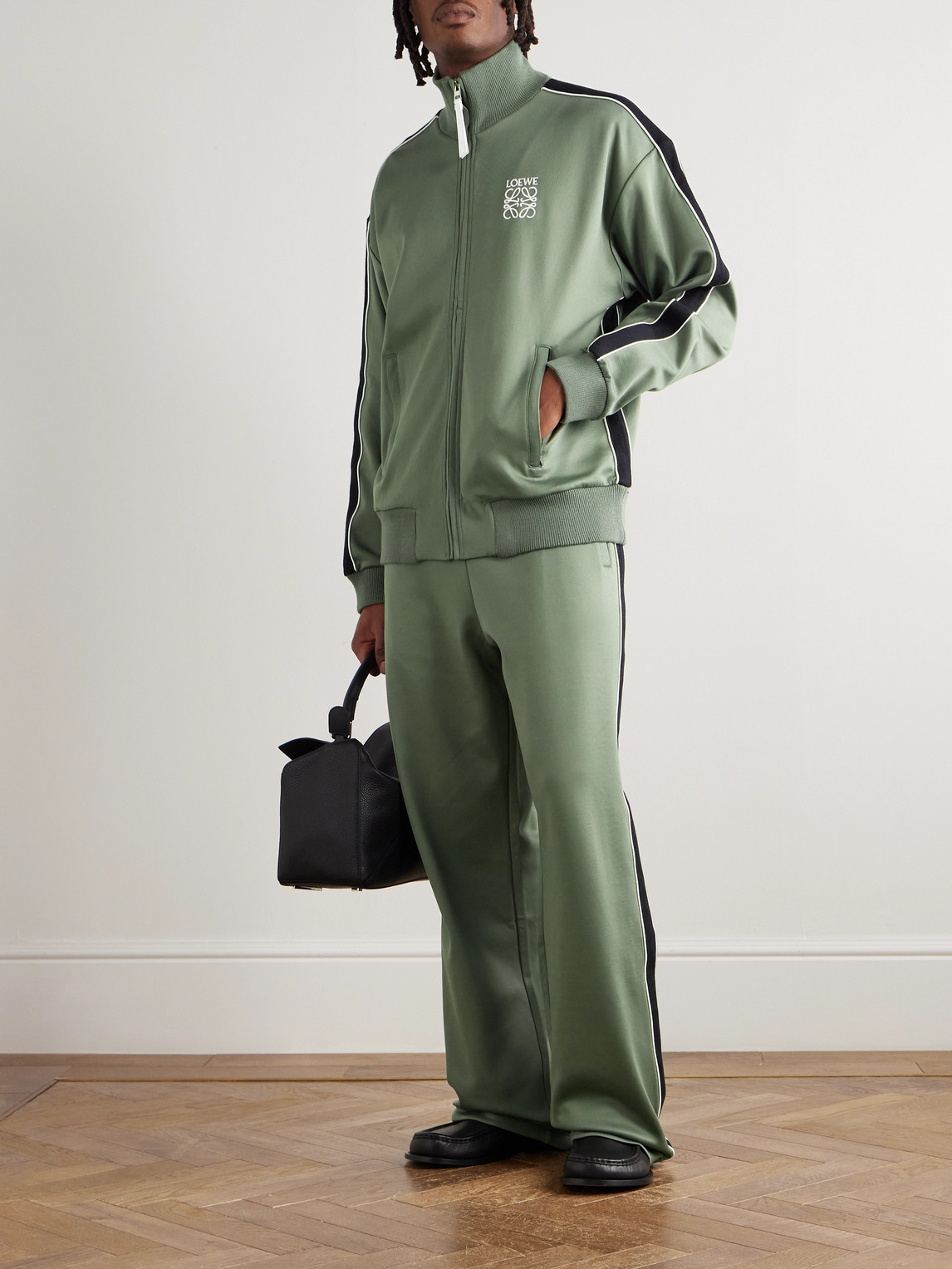 Loewe Twill-trimmed Logo-embroidered Tech-jersey Track Jacket In Green