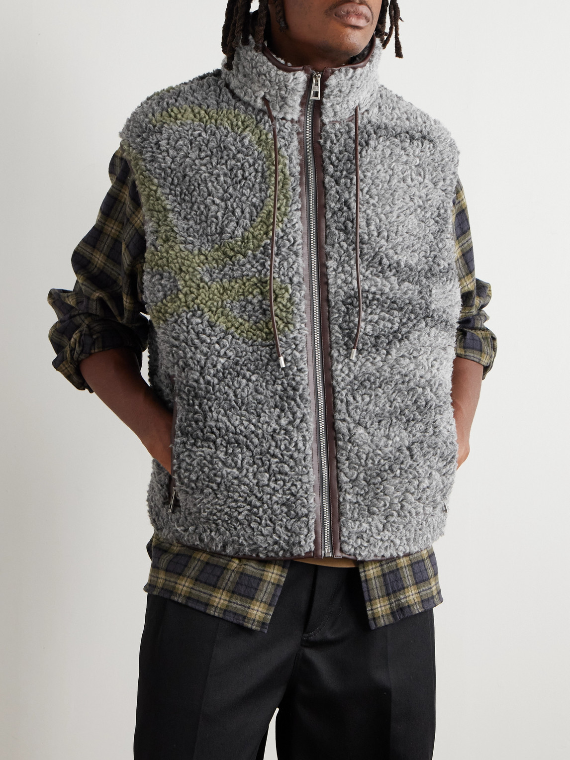 Loewe Leather-trimmed Printed Fleece Gilet In Gray