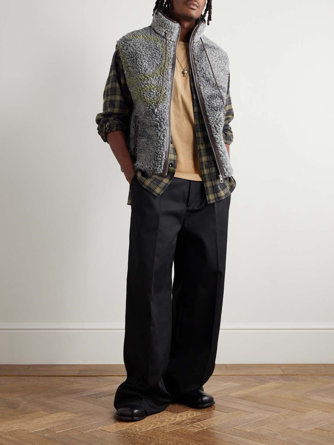 Loewe Leather-trimmed Printed Fleece Gilet In Gray