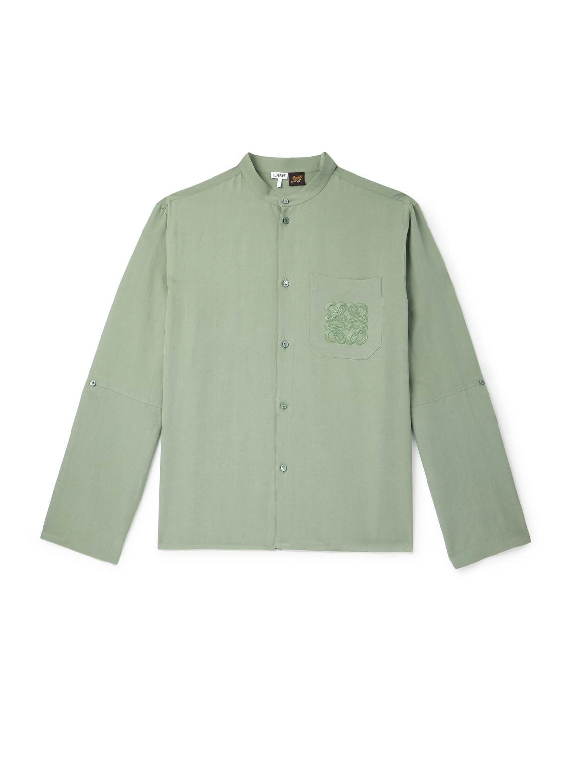Loewe Paula's Ibiza Grandad-collar Logo-embroidered Woven Shirt In Green