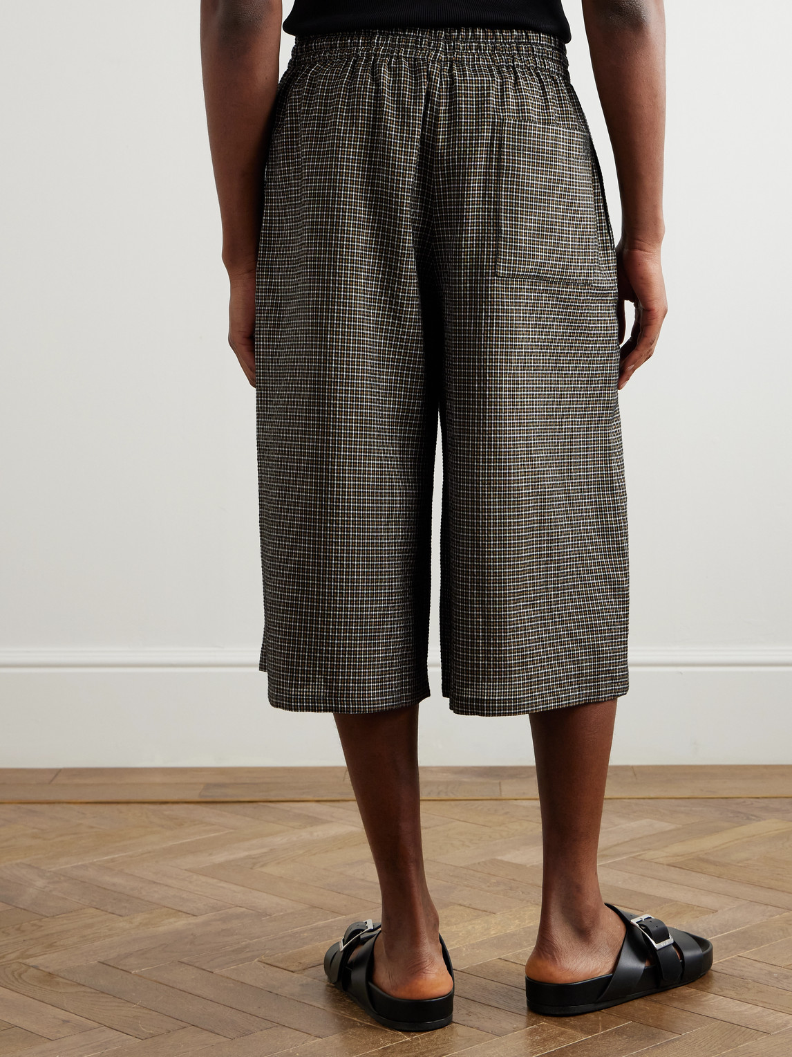 Loewe Paula's Ibiza Wide-leg Checked Gauze Drawstring Shorts In Gray