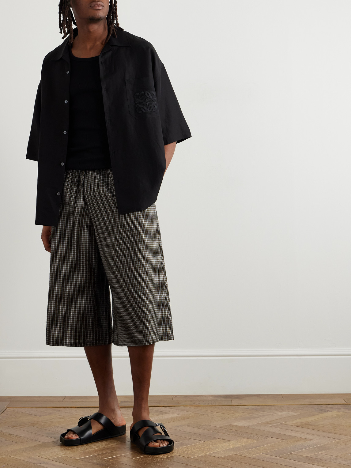 Loewe Paula's Ibiza Wide-leg Checked Gauze Drawstring Shorts In Gray