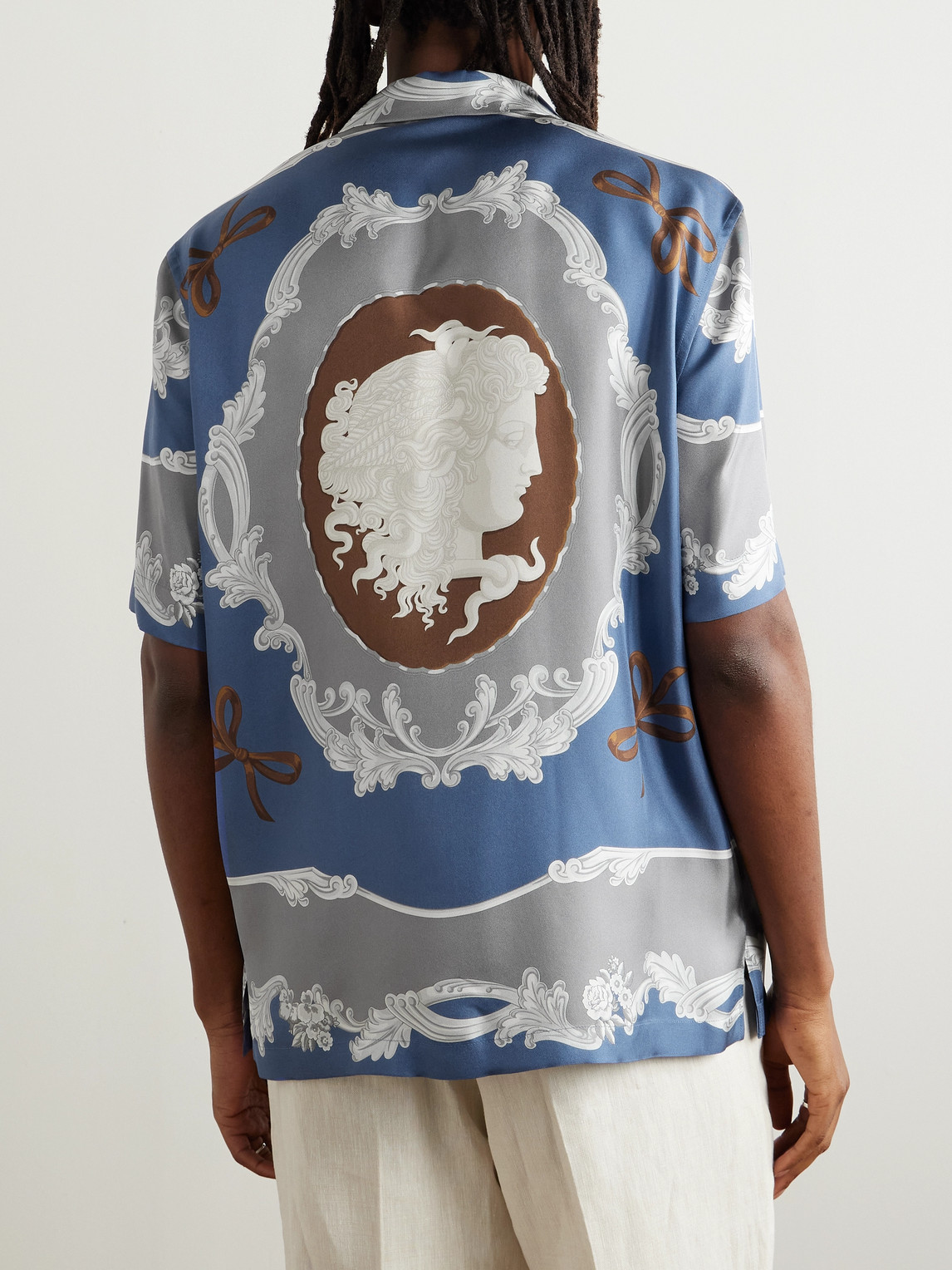 Versace Camp-collar Printed Silk-twill Shirt In Blue