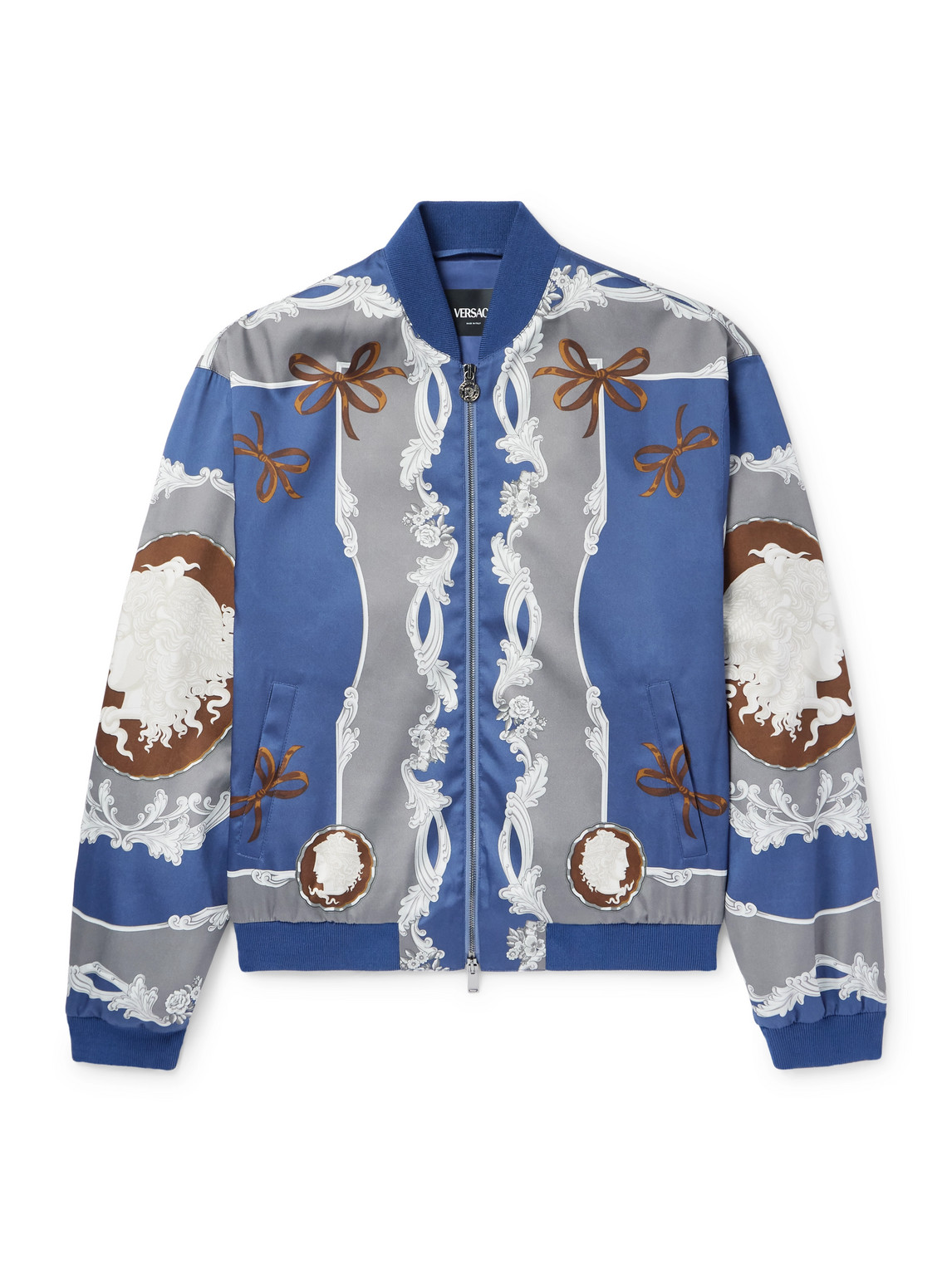 Versace Printed Twill Bomber Jacket In Blue