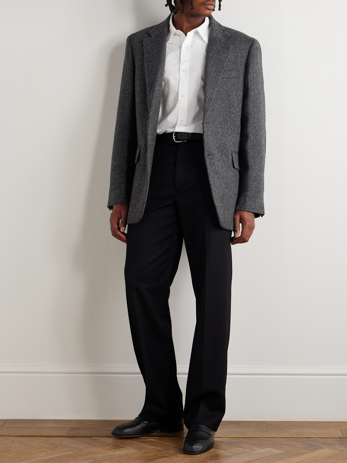 Nili Lotan Roy Suede-trimmed Herrinbone Wool Blazer In Black