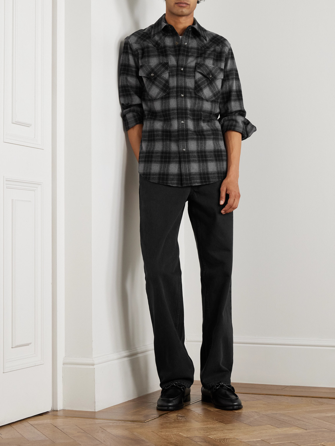 Nili Lotan Travis Checked Cotton-flannel Shirt In Black