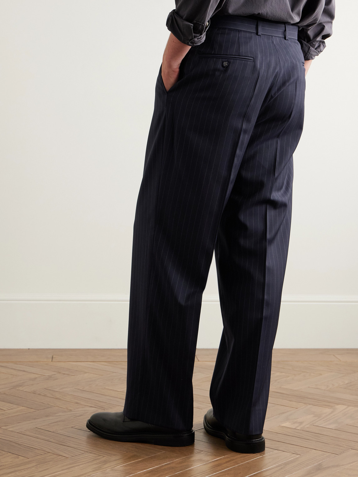 Officine Generale Nash Wide-leg Belted Pinstriped Virgin Wool-twill Suit Trousers In Blue