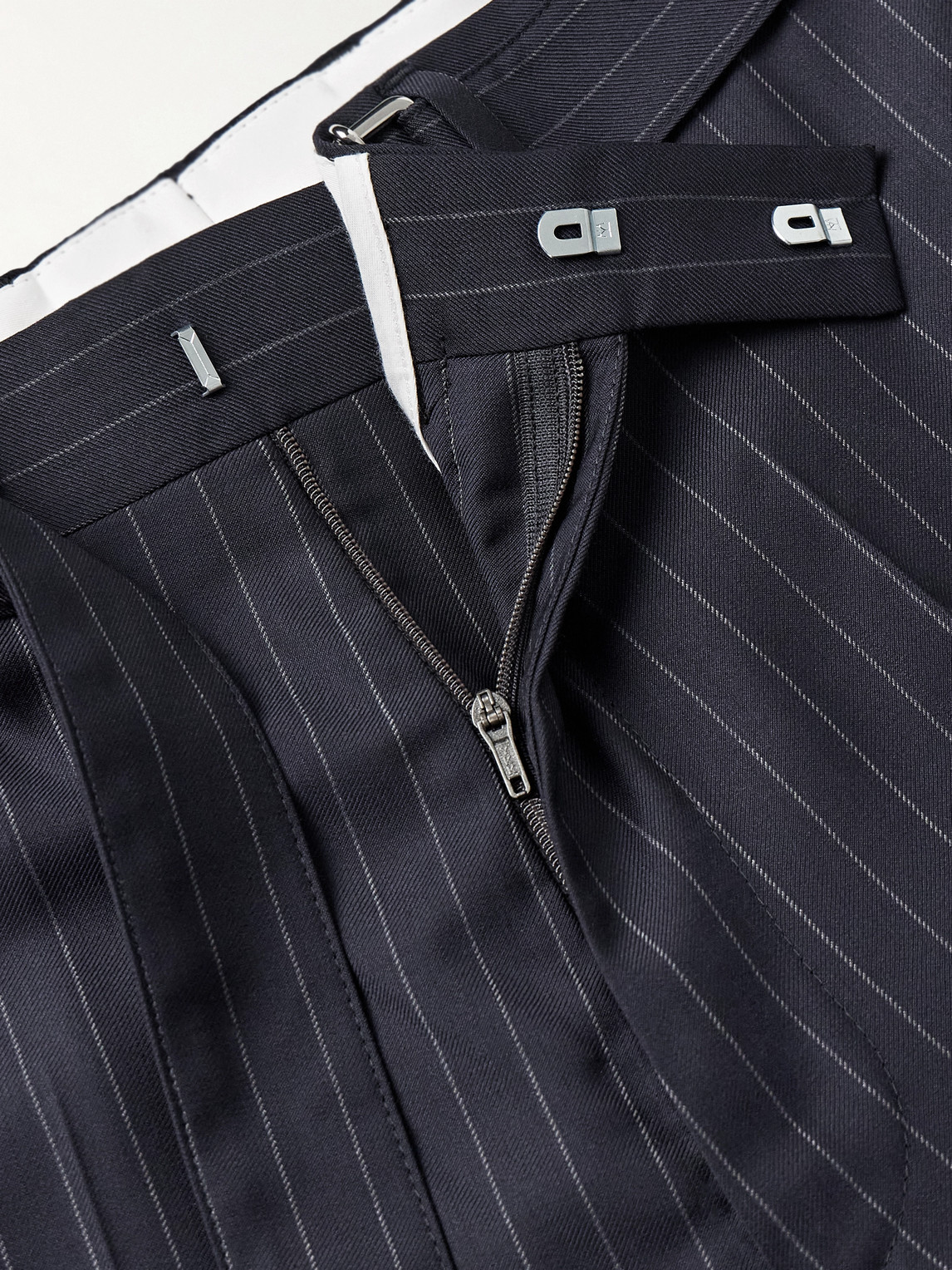 Officine Generale Nash Wide-leg Belted Pinstriped Virgin Wool-twill Suit Trousers In Blue
