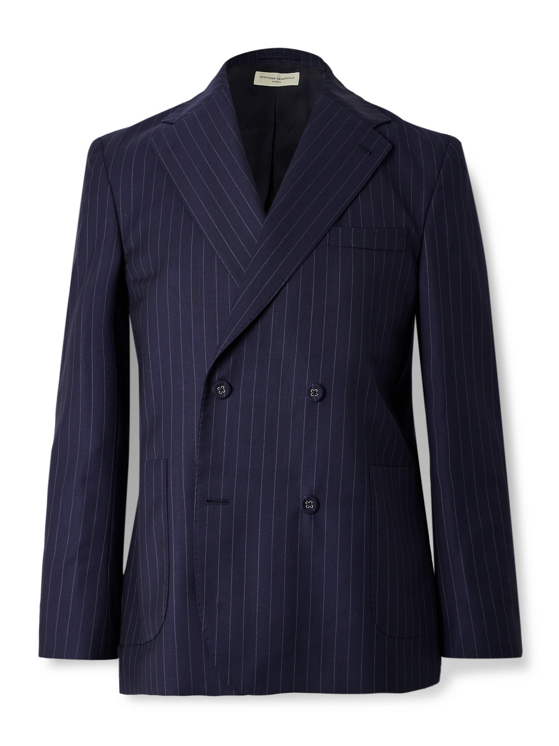 Officine Generale Kane Double-breasted Pinstriped Virgin Wool Blazer In Blue