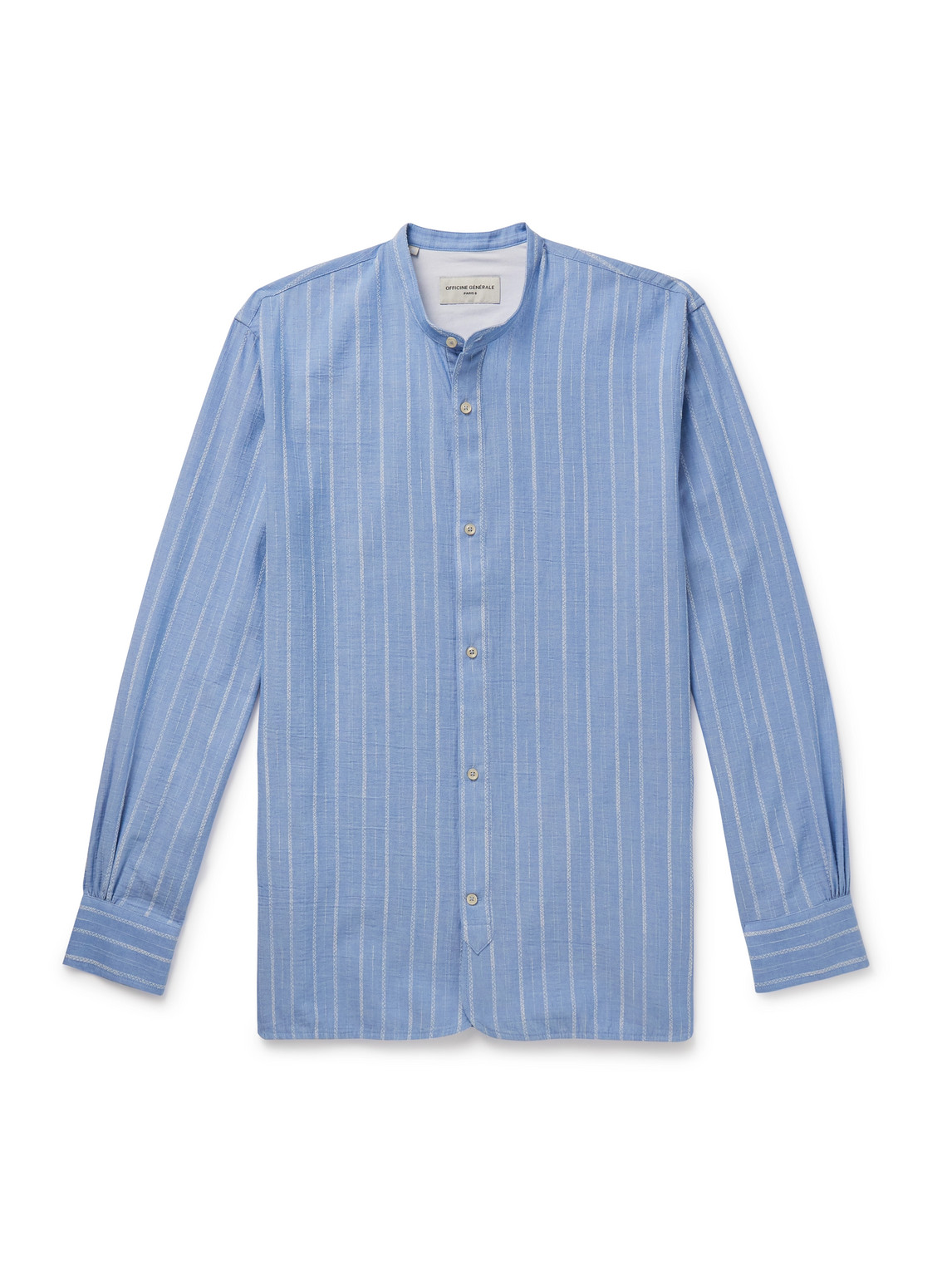 Officine Generale Gali Grandad-collar Striped Organic Cotton-voile Shirt In Blue