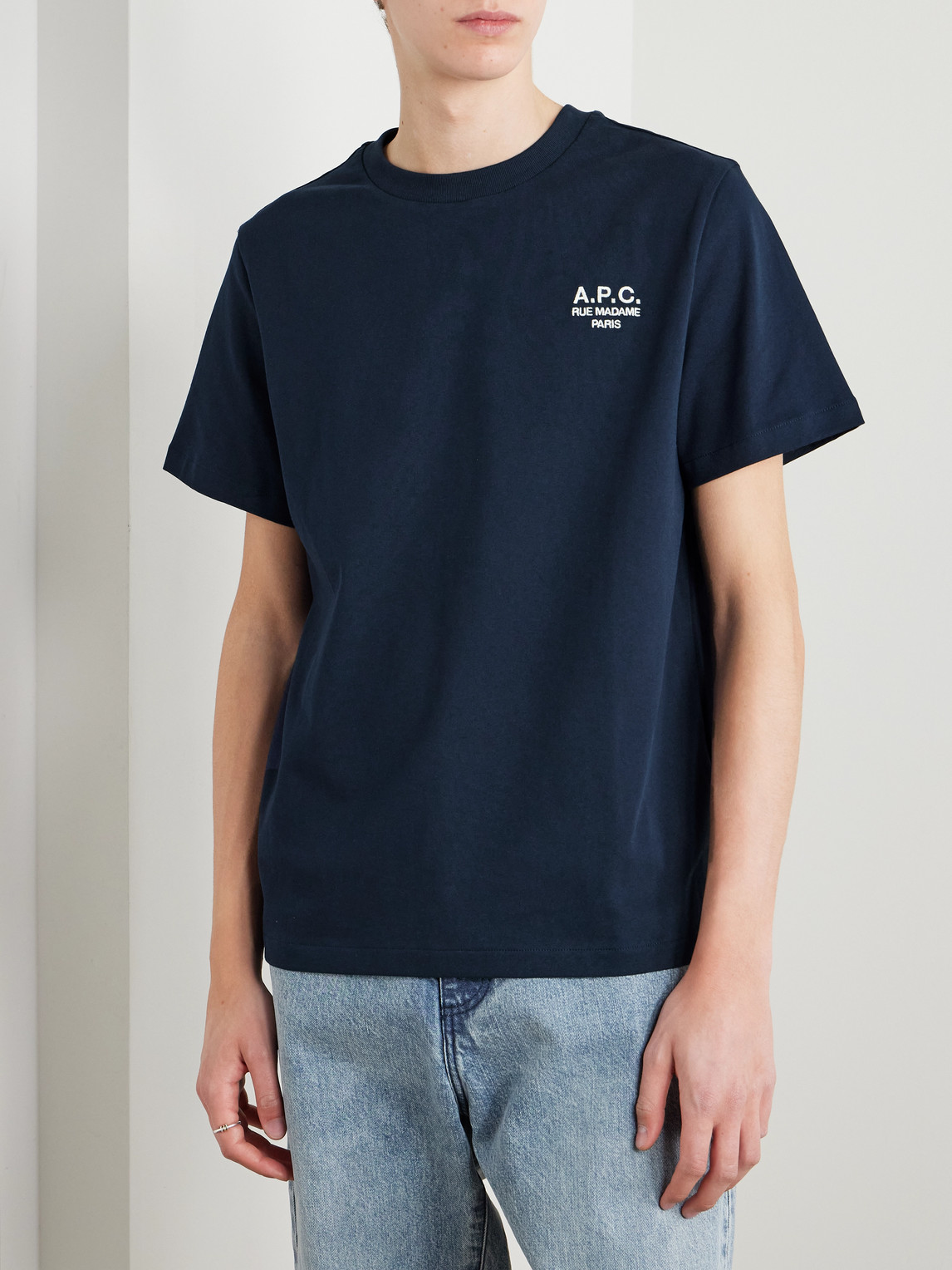 A.p.c. Men Blue Crewneck T-shirt With Logo Embroidered On The Front In Cotton Man