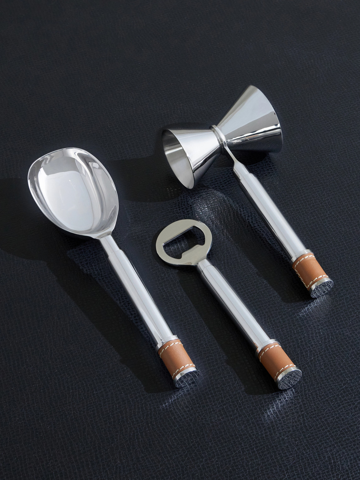 Wyatt Leather-Trimmed Silver-Tone Bar Tool Set