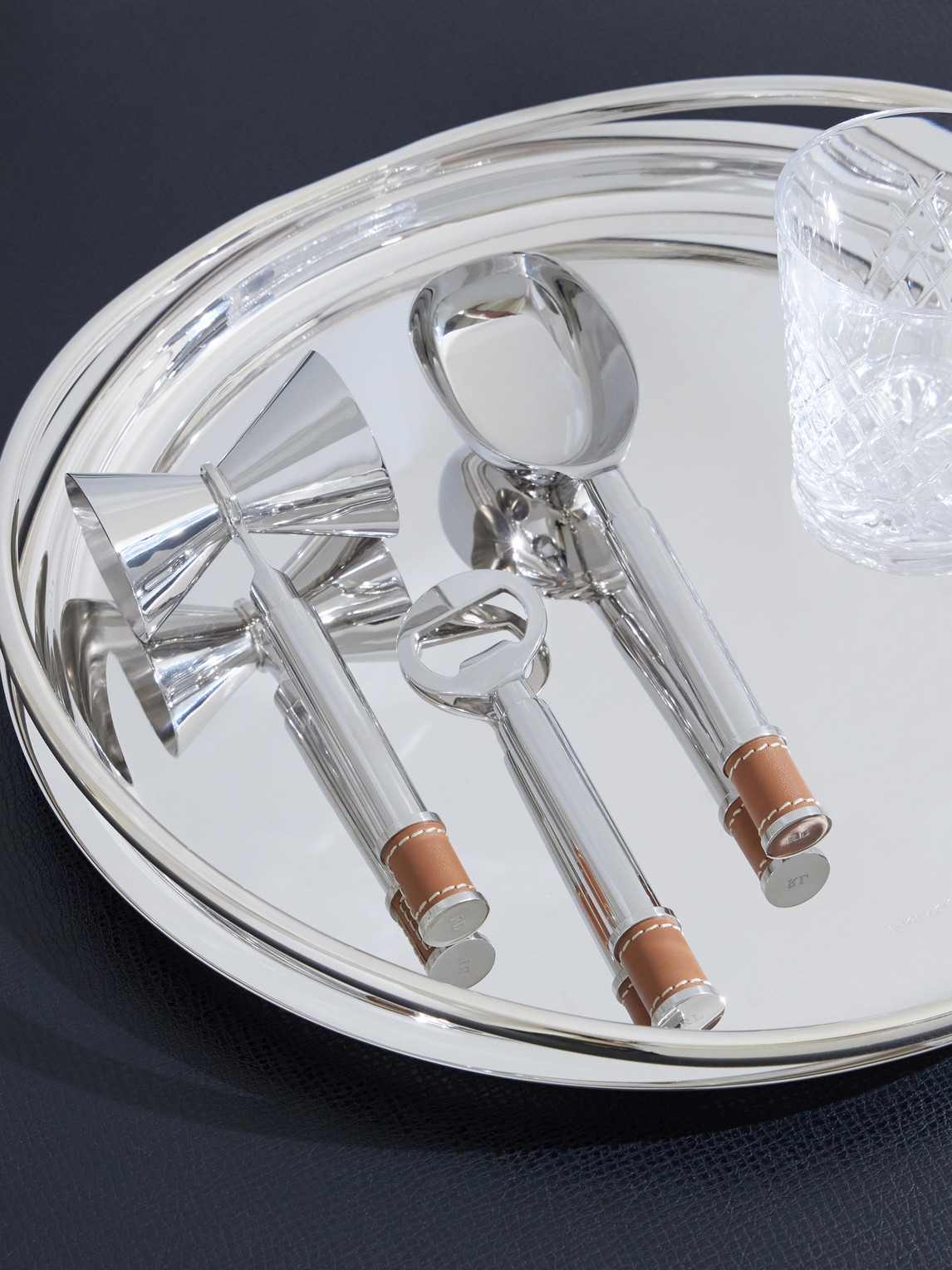 Wyatt Leather-Trimmed Silver-Tone Bar Tool Set — 2