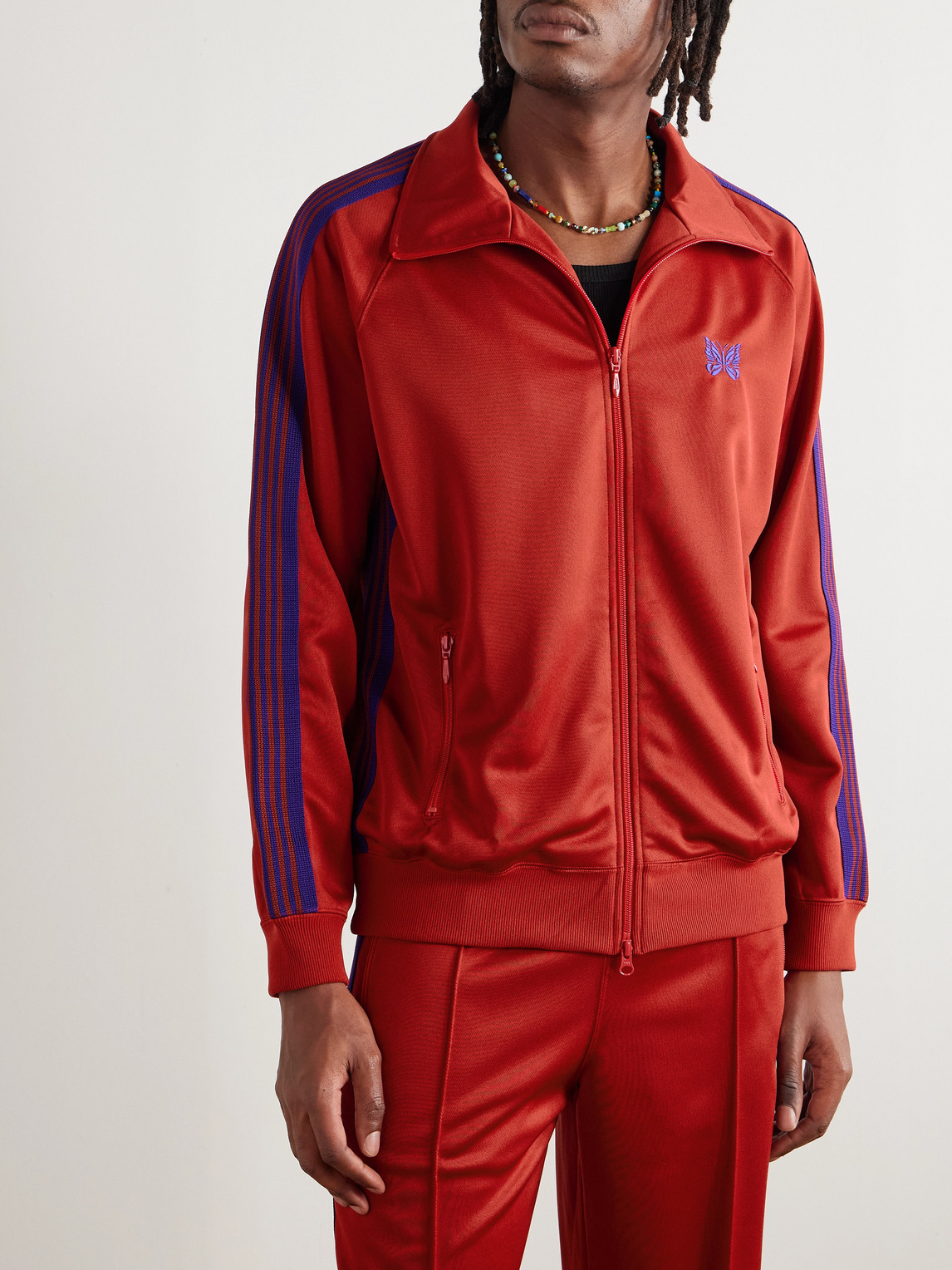 Needles Logo-embroidered Striped Tech-jersey Track Jacket In Red