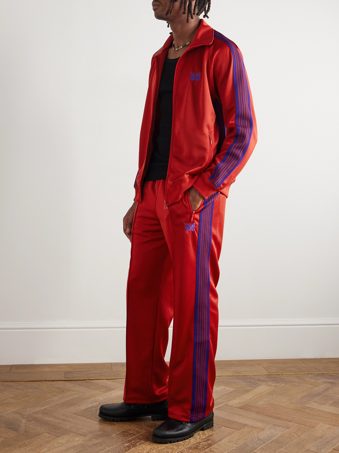 Needles Logo-embroidered Striped Tech-jersey Track Jacket In Red