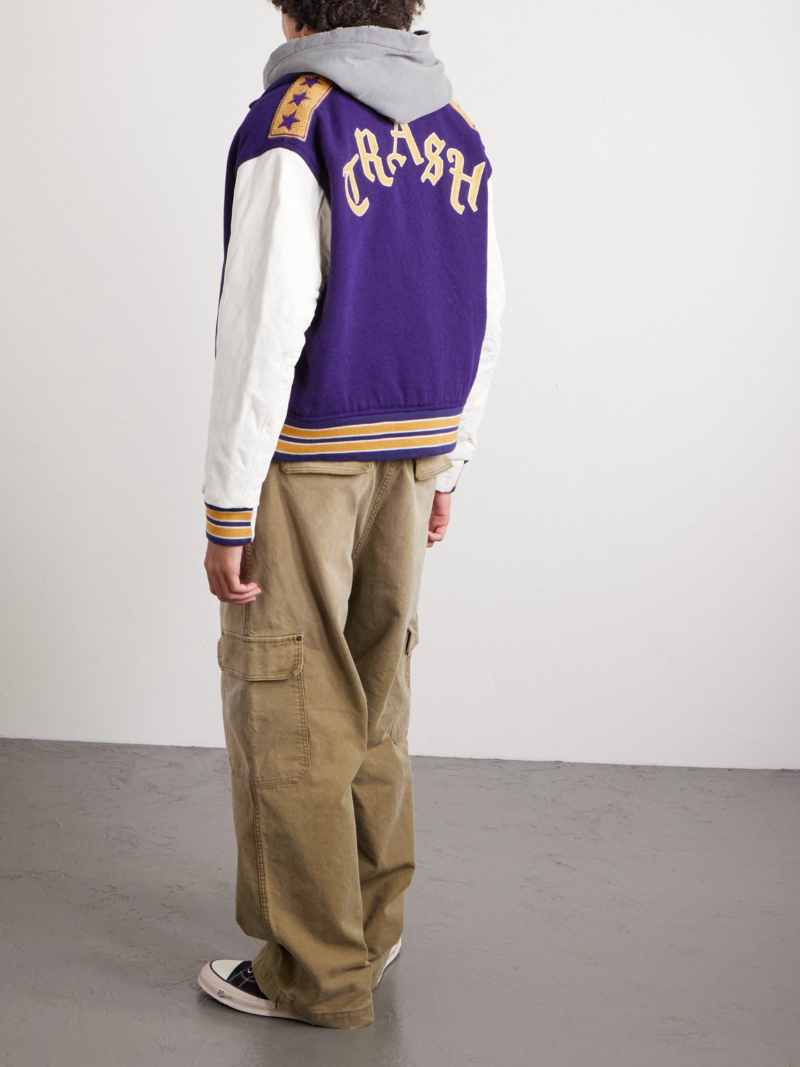Needles Cropped Leather-trimmed Melton Wool Letter Jacket In Purple