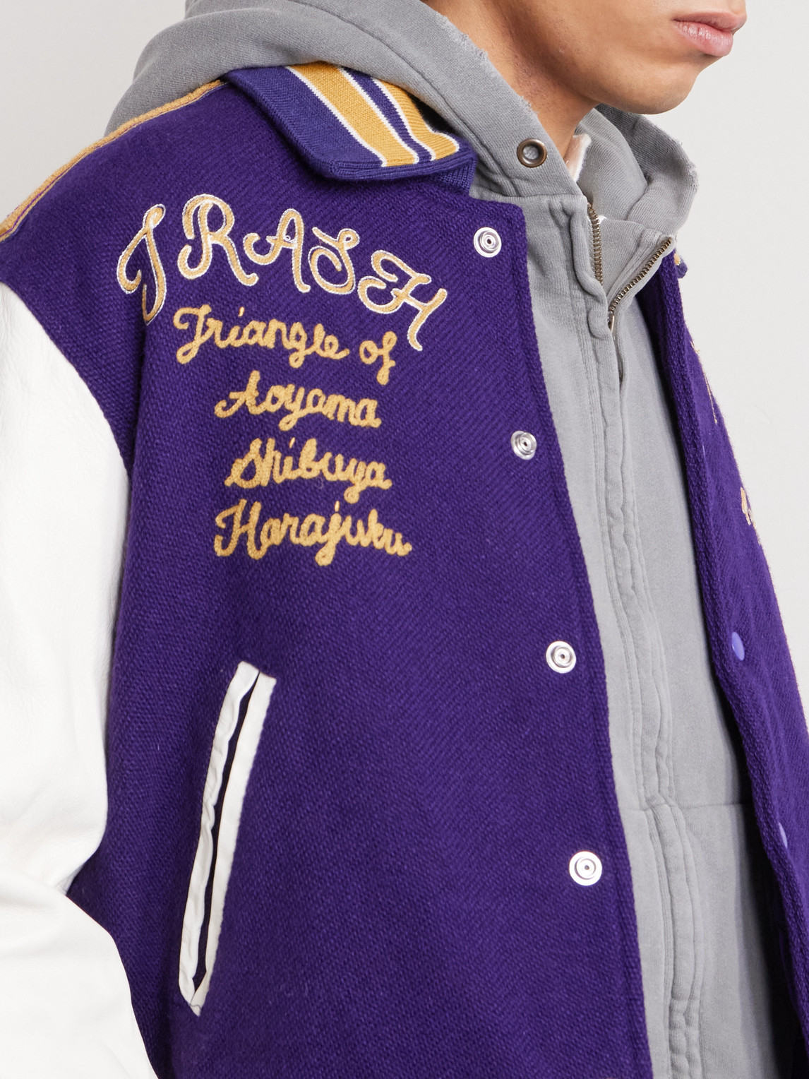 Needles Cropped Leather-trimmed Melton Wool Letter Jacket In Purple