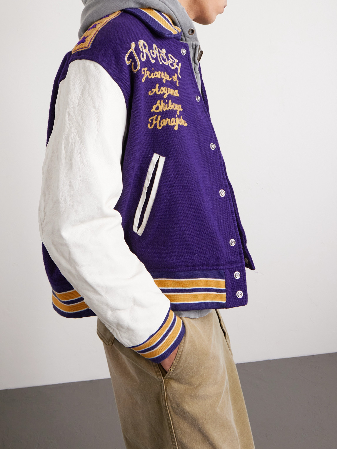 Needles Cropped Leather-trimmed Melton Wool Letter Jacket In Purple