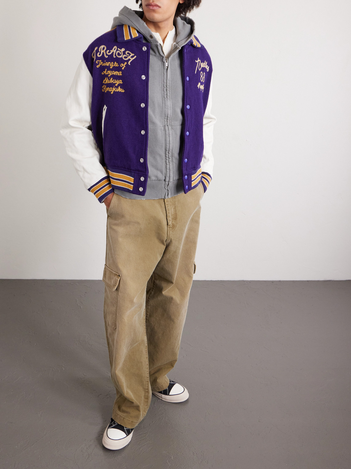 Needles Cropped Leather-trimmed Melton Wool Letter Jacket In Purple