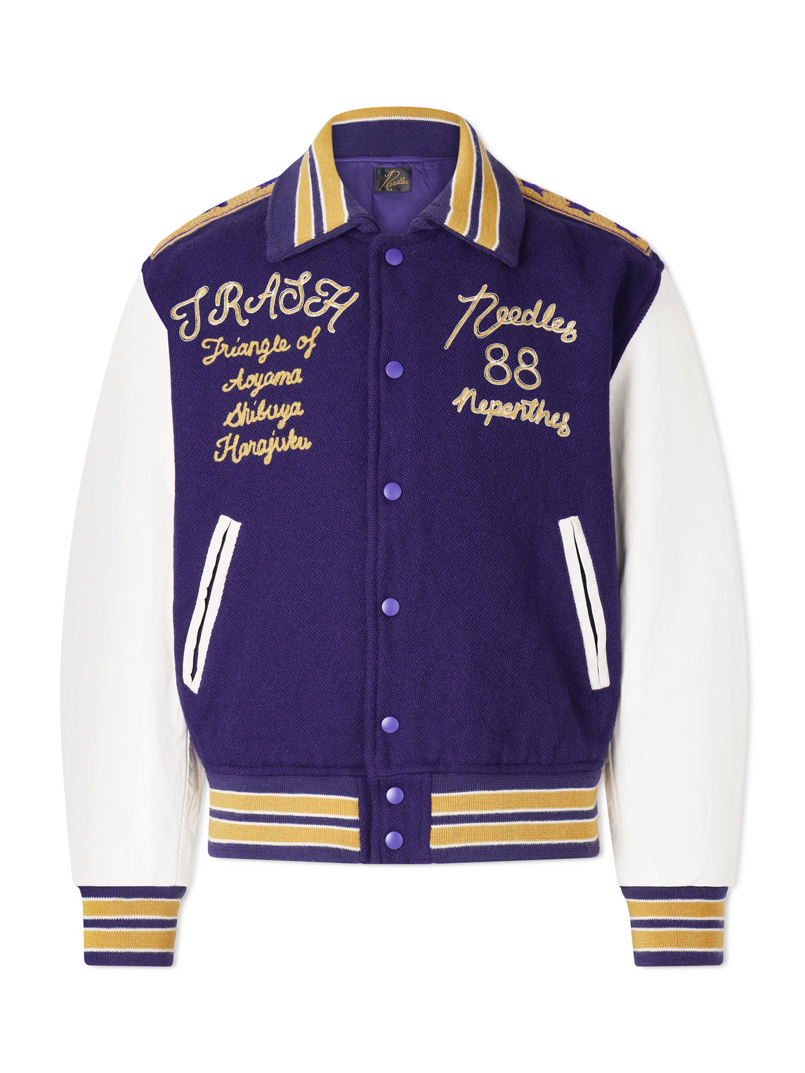 Needles Cropped Leather-trimmed Melton Wool Letter Jacket In Purple