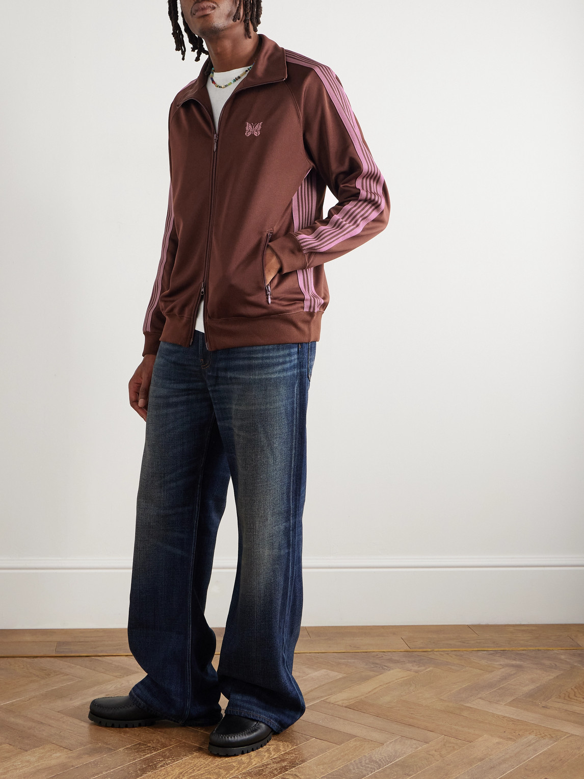Needles Logo-embroidered Striped Tech-jersey Track Jacket In Brown